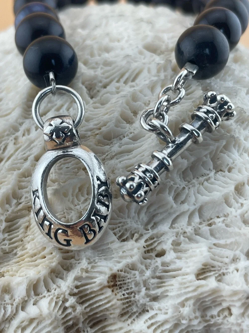 King Baby Sterling Silver Hawk’s Eye Bead Toggle Bracelet
